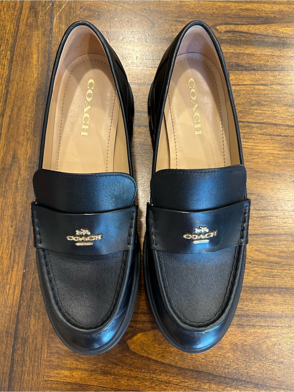 Coach Black Leather Ruthie platform Loafers with Gold-Tone Coach Plaque